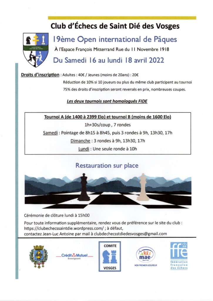 Saint-Dié-des-Vosges : 19e open international du 16 au 18 avril 2022